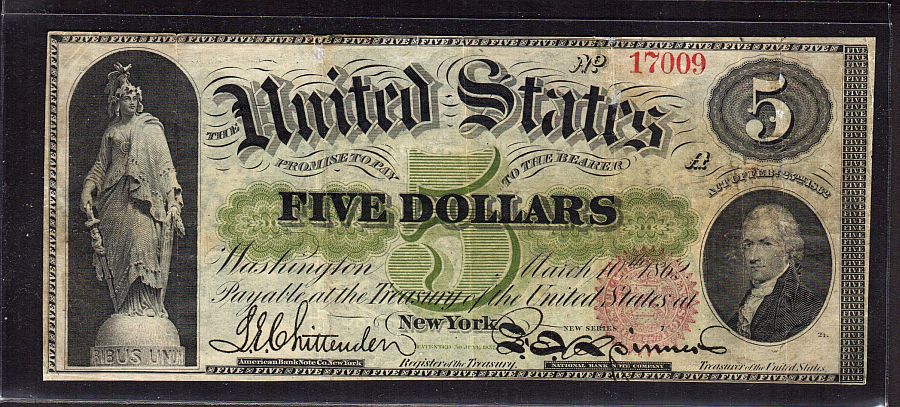 Fr.62, 1862 $5 Legal Tender, 17009, Very Fine